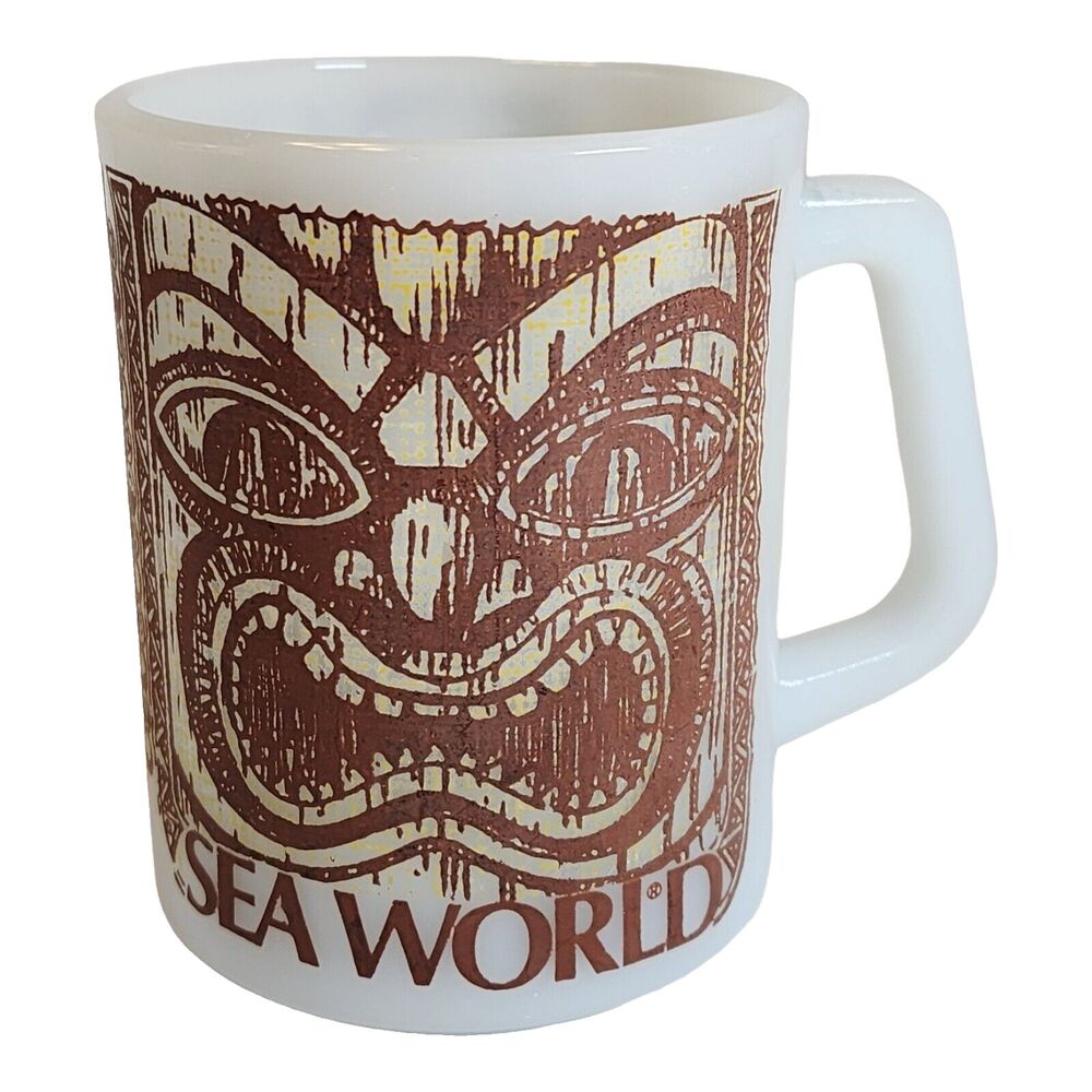 Tiki Sea World Federal Glass Coffee Mug White Milk Glass VTG